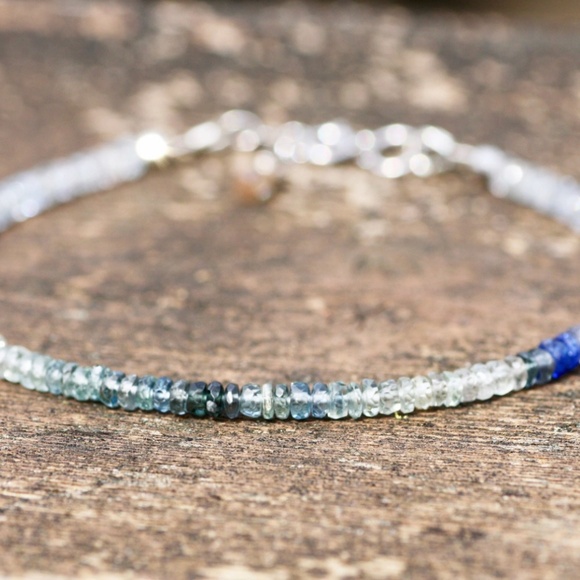 Natural Teal Ombre Sapphire Bracelet Solid 14k White Gold 585 , 7.2" - 7 .65" - Picture 2 of 7